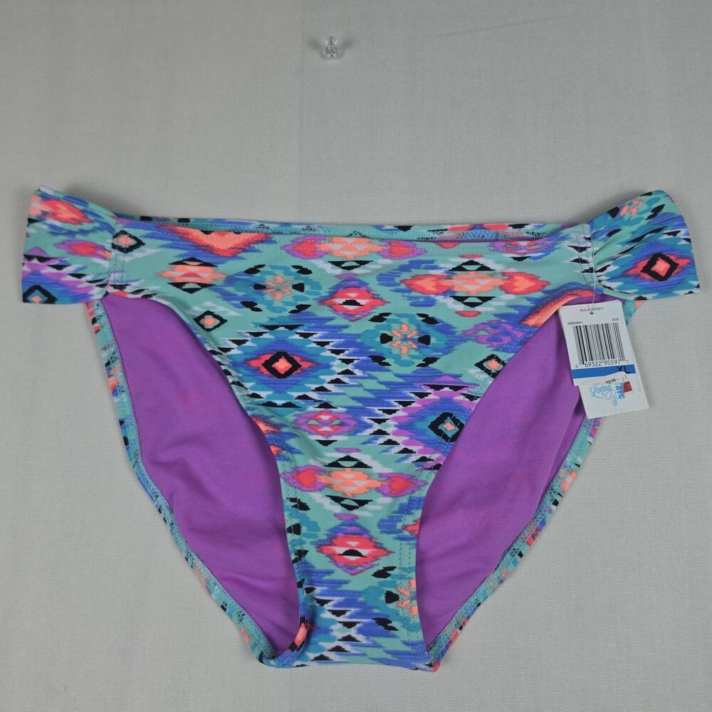 Hula Honey Women's XL Bikini Bottom Aqua Multicolor Geometric Side Tab NWT